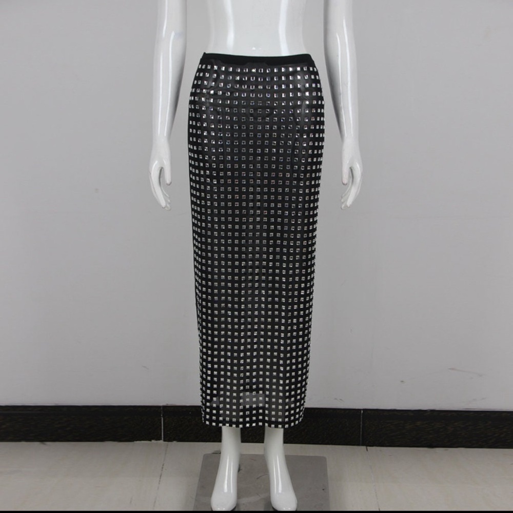 Custom Black and Silver crystal midi skirt